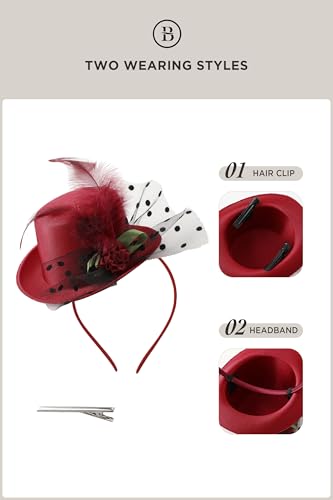 BABEYOND Mini Top Fascinators Hats for Women Feather 1920s Costume Hat - color: Wine Red