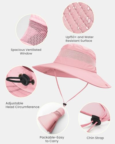 EW EastWater Beach Sun Bucket Hats for Women,UV Protection High Ponytail Hole UPF 50+ Waterproof for Hiking Safari Fishing - color: Pink