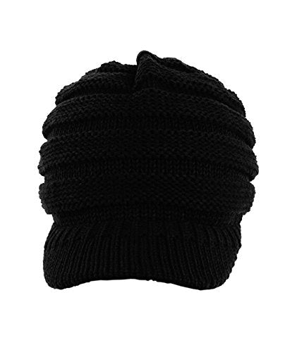 C.C Warm & Thick Cable Knitted Brim Visor Beanie Cap - color: Black