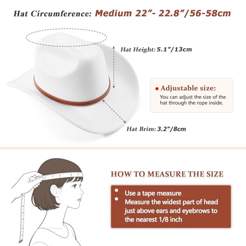 DRESHOW Cowboy Hat for Women and Men Wide Brim Western Cowboy Cowgirl Hat with Belt Buckle Unisex Rolled up Caps - color: White