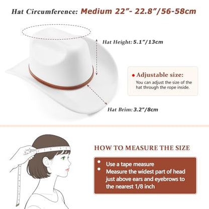 DRESHOW Cowboy Hat for Women and Men Wide Brim Western Cowboy Cowgirl Hat with Belt Buckle Unisex Rolled up Caps - color: White