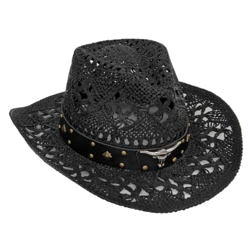 Straw Cowboy Hat for Women, Cowgirl Hat Wide Brim Western Cowboy Hat - color: Classic Black