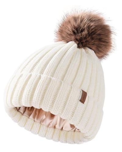 FURTALK Toddler Beanie Satin Lined Baby Boys Girls Winter Hats Pom Pom Beanies for Kids - color: White, size: 3-24 Months