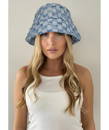 Women's Washed Cotton Bucket Hat Cowboy Checkerboard Fishermen Hat - color: Light Blue