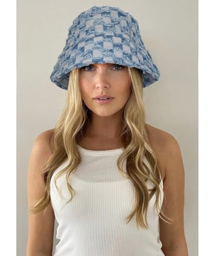 Women's Washed Cotton Bucket Hat Cowboy Checkerboard Fishermen Hat - color: Light Blue