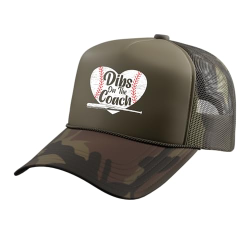Dibs On The Coach Baseball Player Sport Lover Bat and Ball Trucker Hat with Adjustable Mesh Back - color: Camo Green