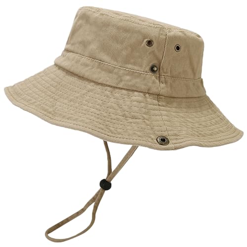 Unisex Cotton Boonie Hat Summer Fishing Bucket Hat Sun Hat with String - color: Solid Khaki