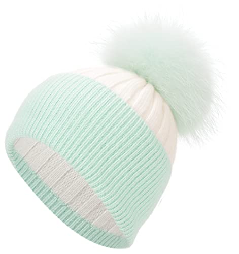 Women's Winter Ribbed Cuffed Beanie Skull Cap with Genuine Raccoon Fur Pom - color: White Green