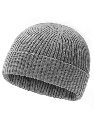 Zylioo XXL Brimless Beanie Hats,Large Knitted Trawler Skull Cap,Winter Stretchy Docker Cap,Warm Rolled Cuff Harbour Hat - color: Gray, size: Medium-Large