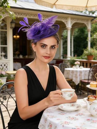 SAFERIN Women's Fascinators Feathers Tea Party Hat Veil Headband with Hair Clip for Cocktail Church - color: Ta4-purple