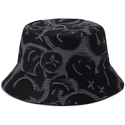 BYOS Summer Fashion Print Cotton Bucket Sun Hat for Men Women, Reversible Black - color: Artsy Emoji Black
