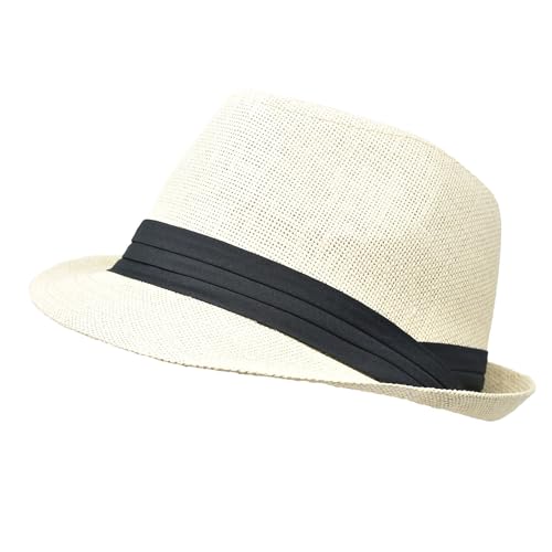for Men Women Summer Fedora Panama Hat Trilby Cuban Straw Sun Hats Short Brim with Black Band - color: Ivory, size: Small-Medium