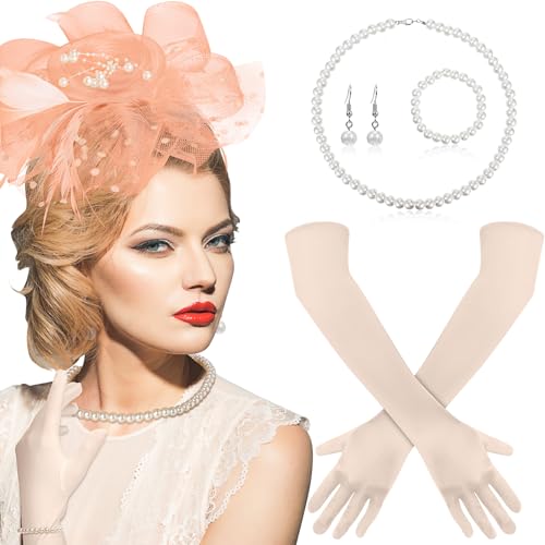Yaomiao 5 Pcs 1920s Tea Party Accessories Fascinator Hat Gloves - color: Champagne
