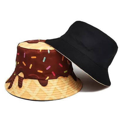 Printed Bucket Hat - Reversible Packable Summer Travel Beach Sun Cap for Men Women Teens - color: Chocolate Ice Cream