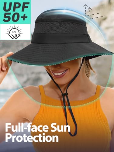 EW East Water Sun Beach Hat for Women, UPF50+ Waterproof with Ponytail Hole - color: Black