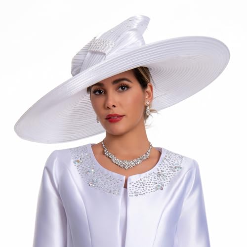 Women's Dramatic Giant Wide Brim Rhinestone Church Hat Statement Turban Fascinator for Wedding Chapel Baptist Sunday - color: 16-white