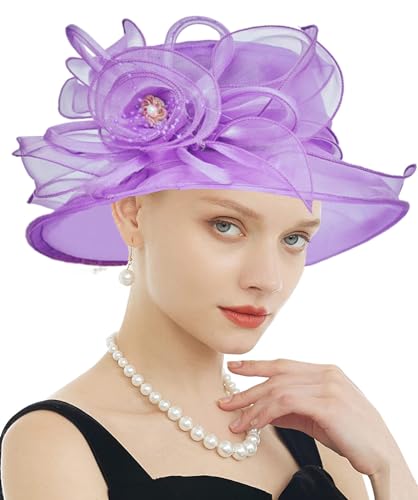 Women's Kentucky Derby Church Dress Hat Wide Brim Leaf Flower Bridal Shower Hat - color: F4 Purple