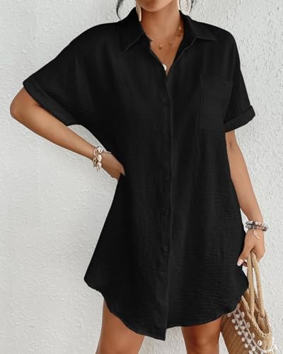 Bsubseach Women Swimsuit Coverup Shirt Dress Button Down Bathing Suit Cover Up Beach Vacation Outfits - color: Black, size: X-Large