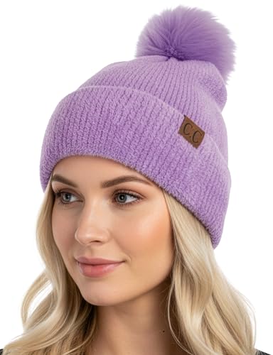 Funky Junque Beanie for Women Ultra Soft Chenille Faux Fur Pom Pom Winter Hats Warm Ski Cap Fashion - color: Lavender