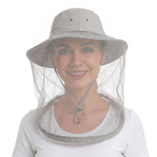 Mosquito Bug Net Hat for Women Men, Garden Sun Hats with Netting, Safari Cap Bucket Boonie Hats for Beekeeping Fishing Hiking - color: Light Grey