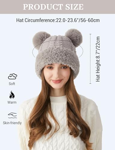FEOYA Womens Knit Winter Beanie Hat with Faux Fur Pompom Fuzzy Cute Knit Fleece Lined Skull Cap - color: Grey
