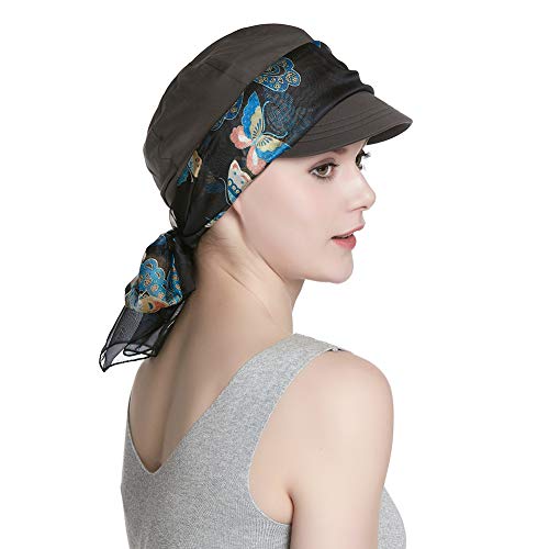 Alnorm Breathable Cotton Hat and Scarf Set Chemo Headwear for Women - color: Gray Butterflies
