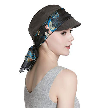 Alnorm Breathable Cotton Hat and Scarf Set Chemo Headwear for Women - color: Gray Butterflies
