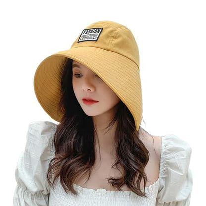 Women Floppy Sun Beach Hat Packable Wide Brim Bucket Hat UPF 50+ UV Protection Travel Beach Cap - color: Yellow