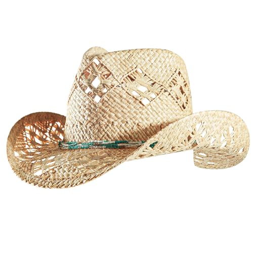 Straw Cowboy Cowgirl Hats for Women Men Summer Beach Hat Shapeable Brim - color: Natural - Indigo Circle Beads