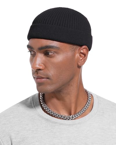 Short Beanie for Men Women, Wool Knit Cuff Winter Fisherman Hats - color: 1pcs-black