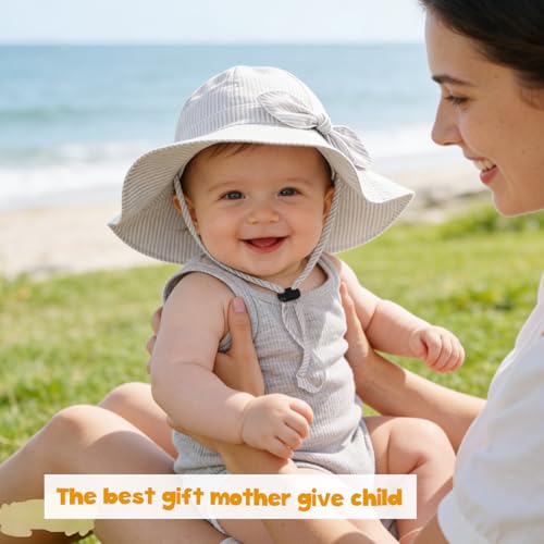 Baby Girl Sun Hat with UPF 50+ Outdoor Adjustable Beach Hat with Wide Brim Bucket Hats - color: Beige-stripe 1pcs, size: 6-12 Months