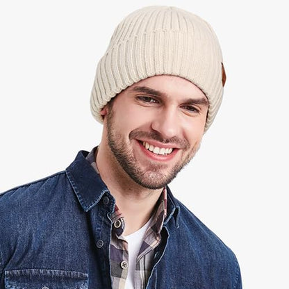 OZERO Winter Beanie for Men Women,Thermal Knit Soft Fleece Lined Hats - color: Beige