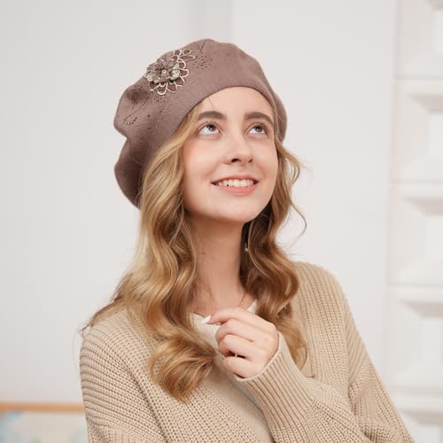Flower Embroidery Beret Hat for Women, French Style Knitted Beret Hats, Stylish Solid Color Beret Cap for Women Girls Lady - color: Wine Red
