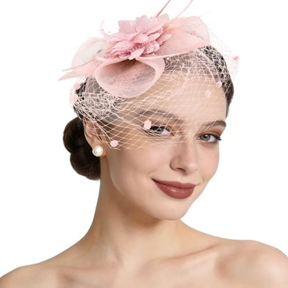 Semato Fascinators Hats for Women Mesh Feathers Elegant Pink Tea Party Kentucky Hat Derby Headband with Hair Clip - color: Pink