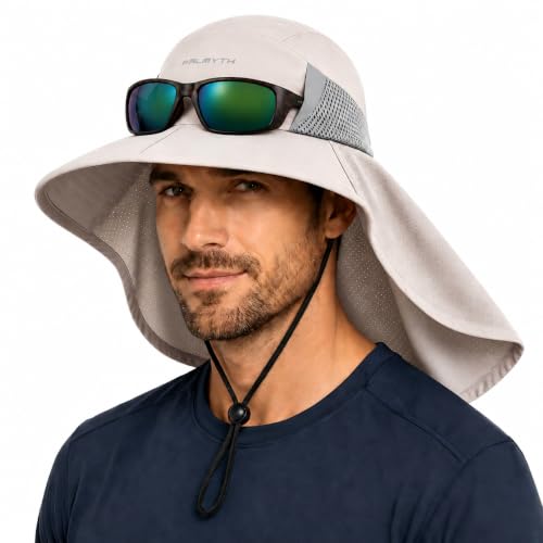 Palmyth Fishing Hat Wide Brim Sun Hat with Neck Flap & Sunglasses Storage - color: Sand