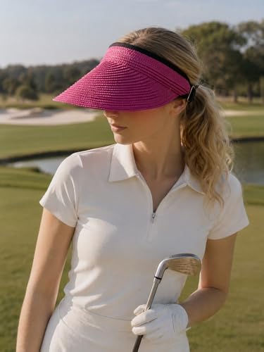 Sun Visor Hat for Women Summer Beach Vacation Essential Ponytail Friendly Travel Foldable Packable UPF 50+ - color: Rose Red