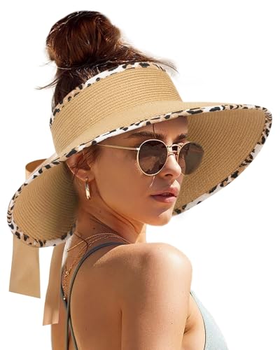 Camptrace Women's Straw Sun Visor Hat UPF Wide Shade Ponytail Summer Hat - color: Leopard Print