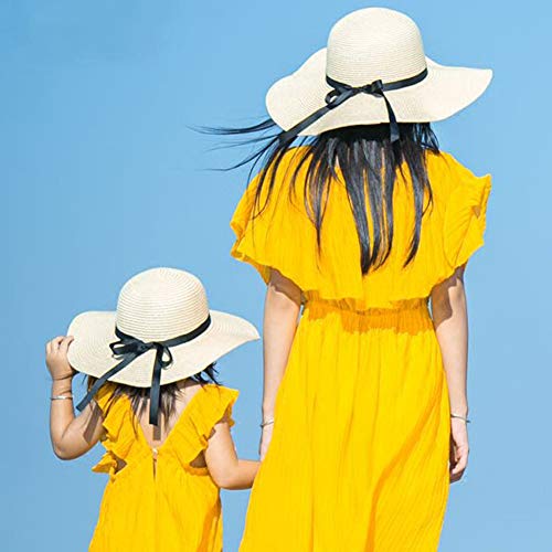2 PCS Parent-Child Straw Hat Wide Brim Bowknot Cap Beach Sun Hat for Girls Women - color: Ribbon White