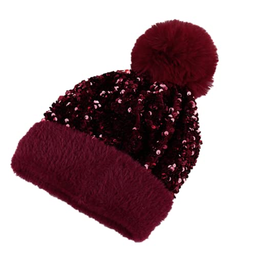 Women Girls Winter Sequin Beanie Hat with Faux Fur Pom Pom Knit Skull Cap - color: Rose Red