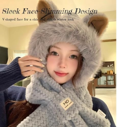 Scarf Hat with Fox Ears - Women's Winter Hooded Cozy Bear Hoodie for Cold Weather - Ultimate Warmth - color: Gray