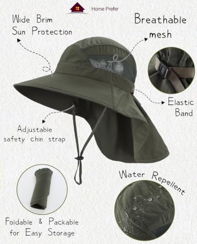 Home Prefer UPF50 Wide Brim Kids Sun Hat Neck Flap Boys Girls Sun Protection Hat for Beach Fishing - color: Army Green, size: 4-8 Years