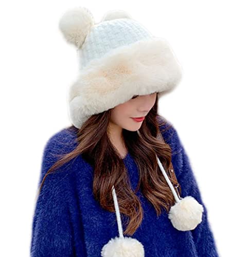 Winter Pompom Beanie Hats Women Knit Womens Beanie Faux Fur Crochet Skull Cap Warm Bucket Outdoor Ear Cover - color: White