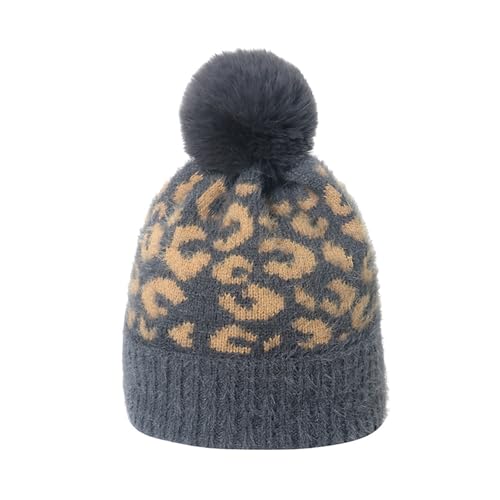 Unisex Adult Fuzzy Leopard Print Hat Cuffed Knitted Winter Warm Beanie with Faux Fur Pompom - color: Grey