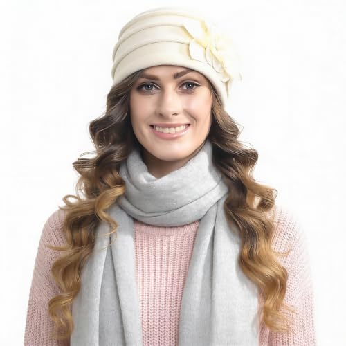 Vintage Women Floral Wool Dress Cloche Winter Hat 1920s - color: C022-d-ivory