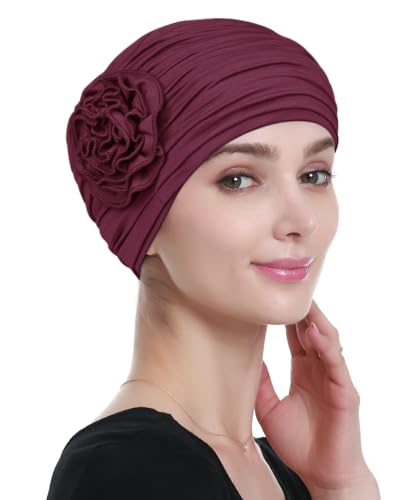 Alnorm Flower Design Chemo Hair Loss Caps Cancer Headwear for Women - color: Black Red