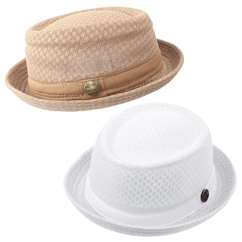 Summer Mesh Pork Pie Hat,Men Women Straw Fedora Cap,Lightweight Bowler Cap - color: White + Khaki