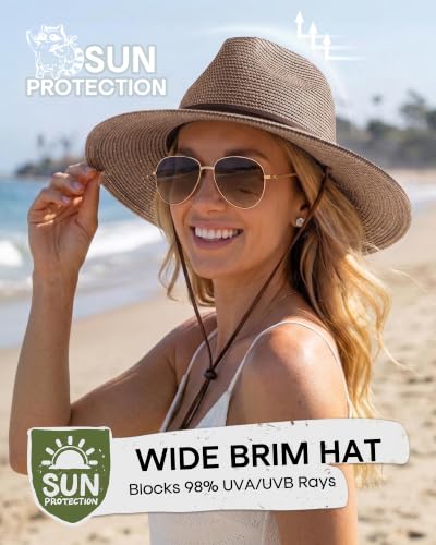 FURTALK Sun Hat Panama Fedora Straw Beach Hat with Wind Lanyard UPF - color: Coffee Brown, size: Large-X-Large