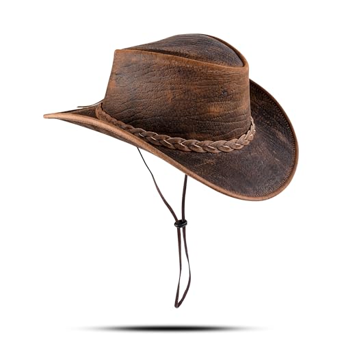 HADZAM Elephant Skin Themed Australian Style Leather Cowboy hat Shapeable into Outback hat for Men & Women - size: Small