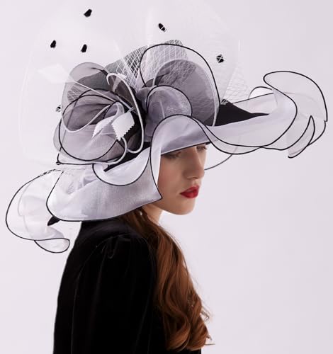 ORIDOOR Women Hats Headband Hairpin Organza Fascinator Church Hat Floral Tea Party Wedding Hat - color: 003e Black and White