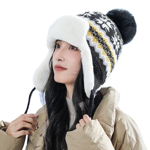 Women Winter Beanie Hat Thick Fleece Lined Warm Earflap Trapper Hat Pom Pom Jacquard Knited Outdoor Ski Snow Cap - color: Style 2-black